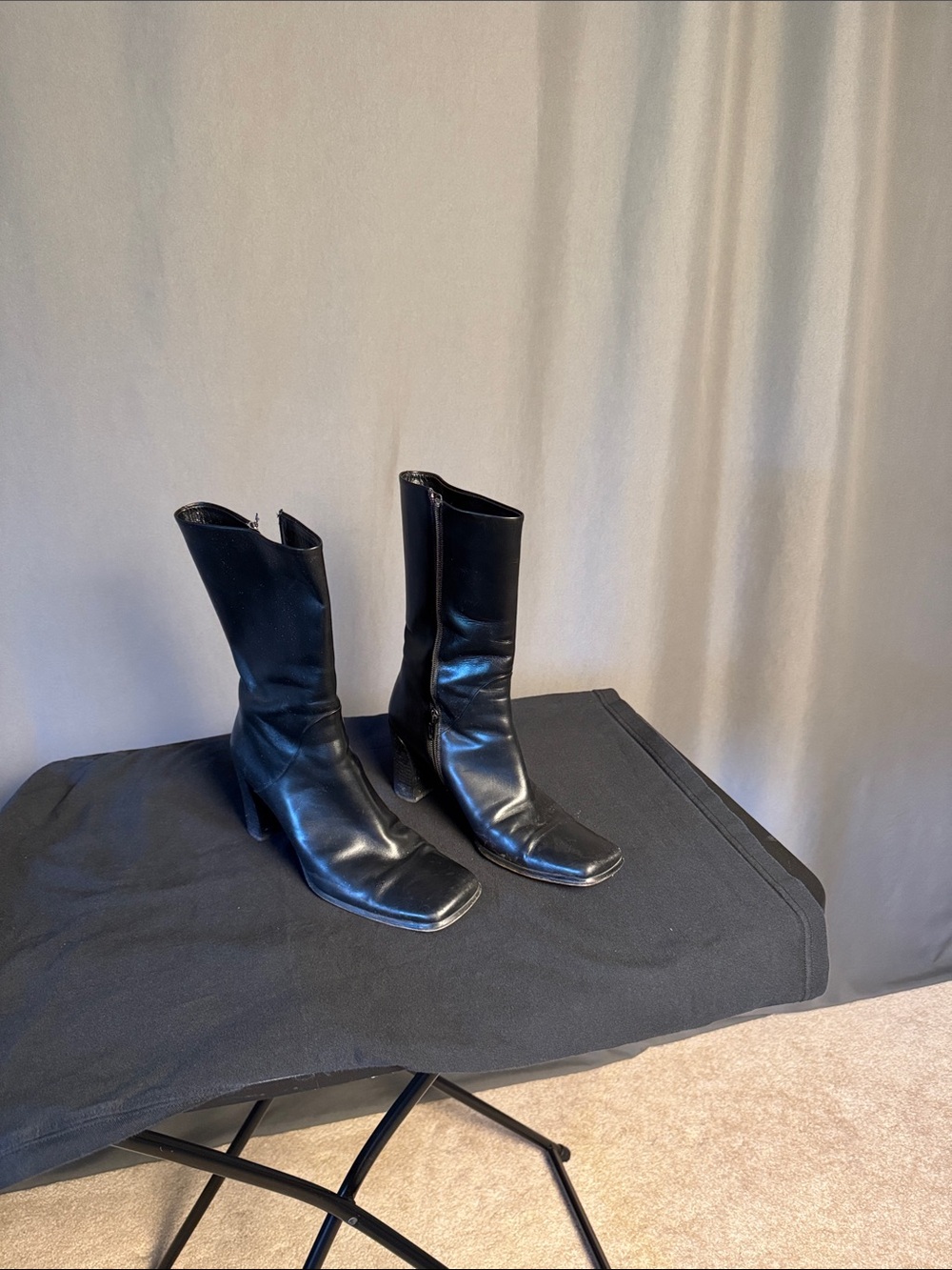 Via Spiga Black Mid-Calf Square-Toe Heel Boots